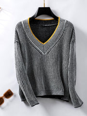 Striped V-Neck Long Sleeve Sweater - The Michelle Style Boutique