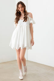 Dreamy White Embroidered Floral Shirred Cold Shoulder Mini Dress - The Michelle Style Boutique