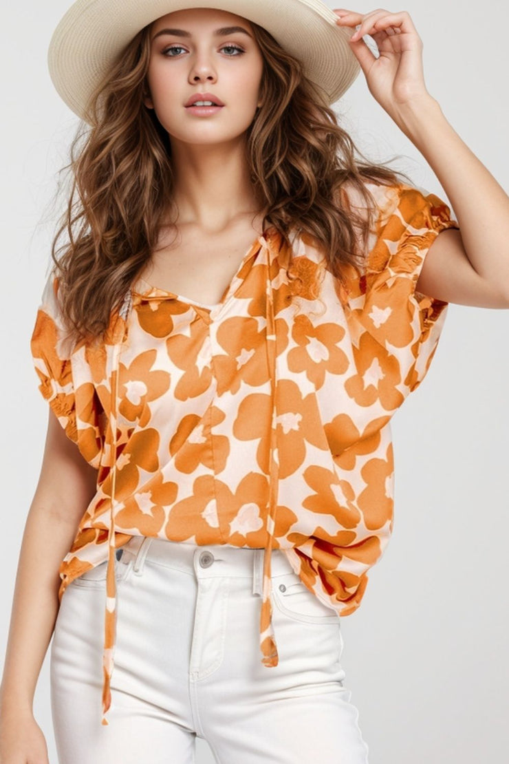 Printed Tie Neck Short Sleeve Blouse - The Michelle Style Boutique