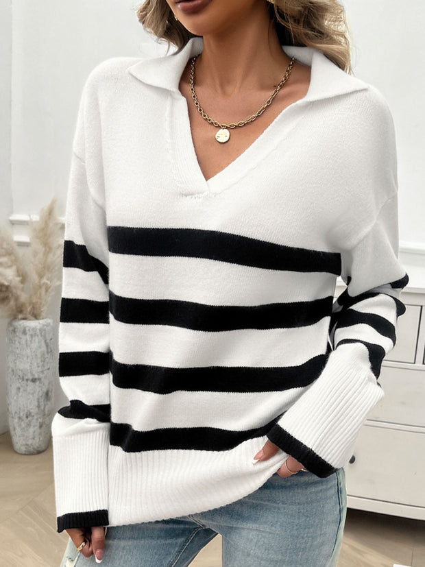 Striped Collared Neck Long Sleeve Sweater - The Michelle Style Boutique