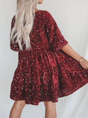 Full Size Sequin Round Neck Half Sleeve Mini Dress - The Michelle Style Boutique