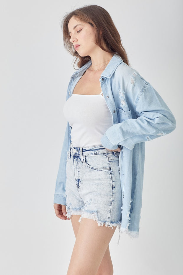 RISEN Raw Hem Distressed High Rise Denim Shorts - The Michelle Style Boutique