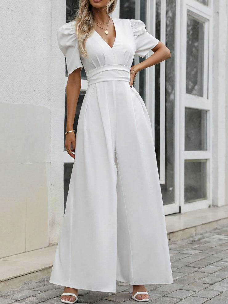 V-Neck Short Sleeve Wide Leg Jumpsuit - The Michelle Style Boutique