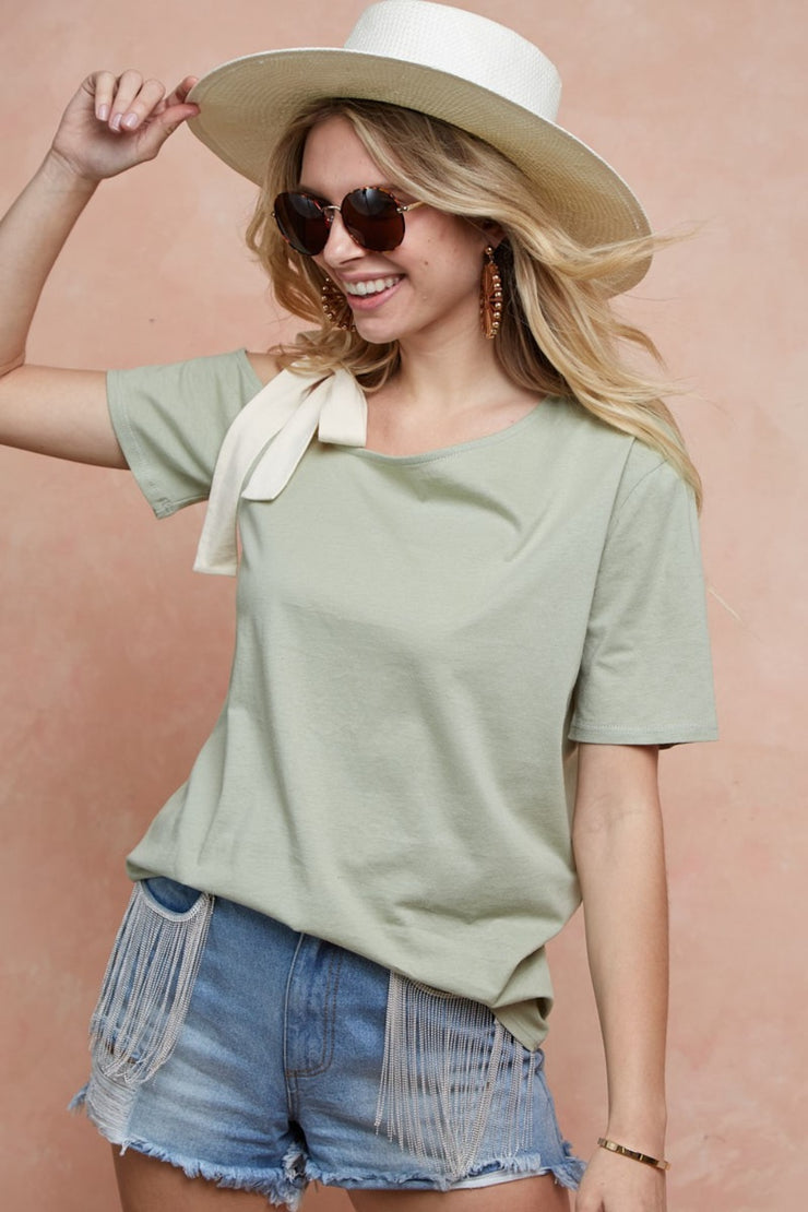 Sage Tied Ribbon One Shoulder Short Sleeve T-Shirt - The Michelle Style Boutique