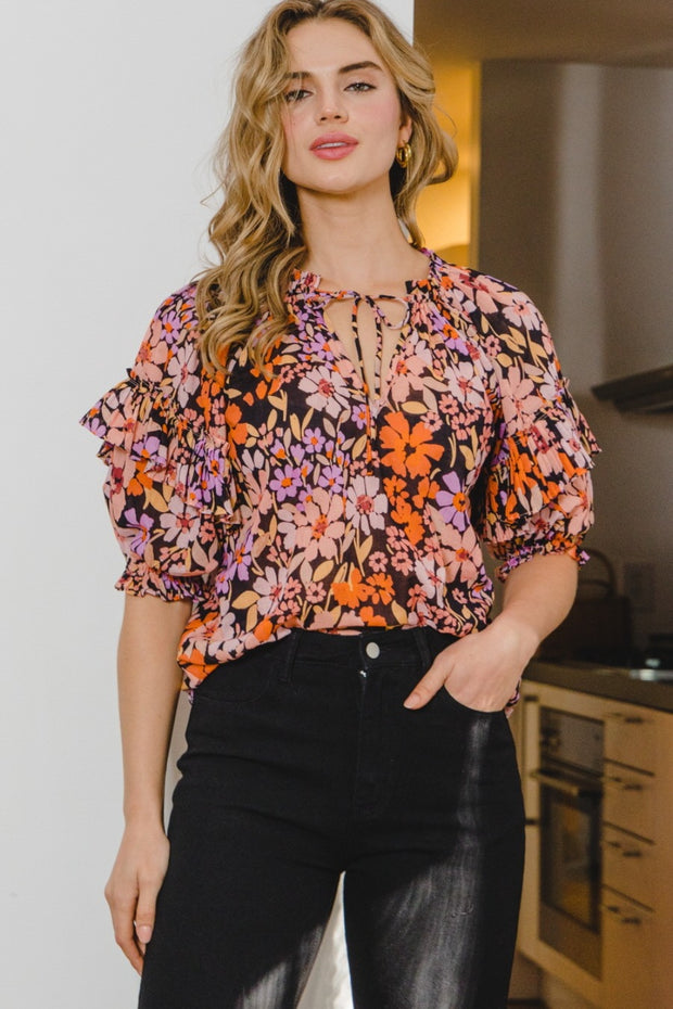 ODDI Full Size Floral Tie Neck Ruffled Blouse - The Michelle Style Boutique