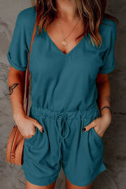 Full Size Drawstring V-Neck Short Sleeve Romper - The Michelle Style Boutique