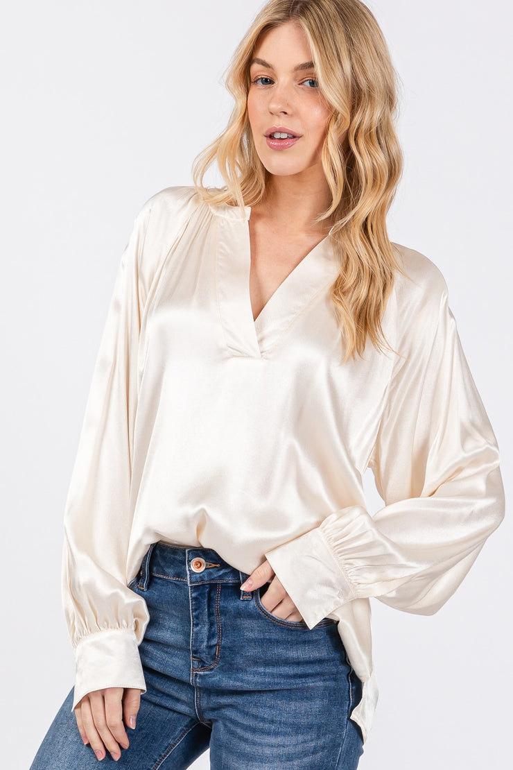 Lustrous Notched Ivory Long Sleeve Blouse - The Michelle Style Boutique